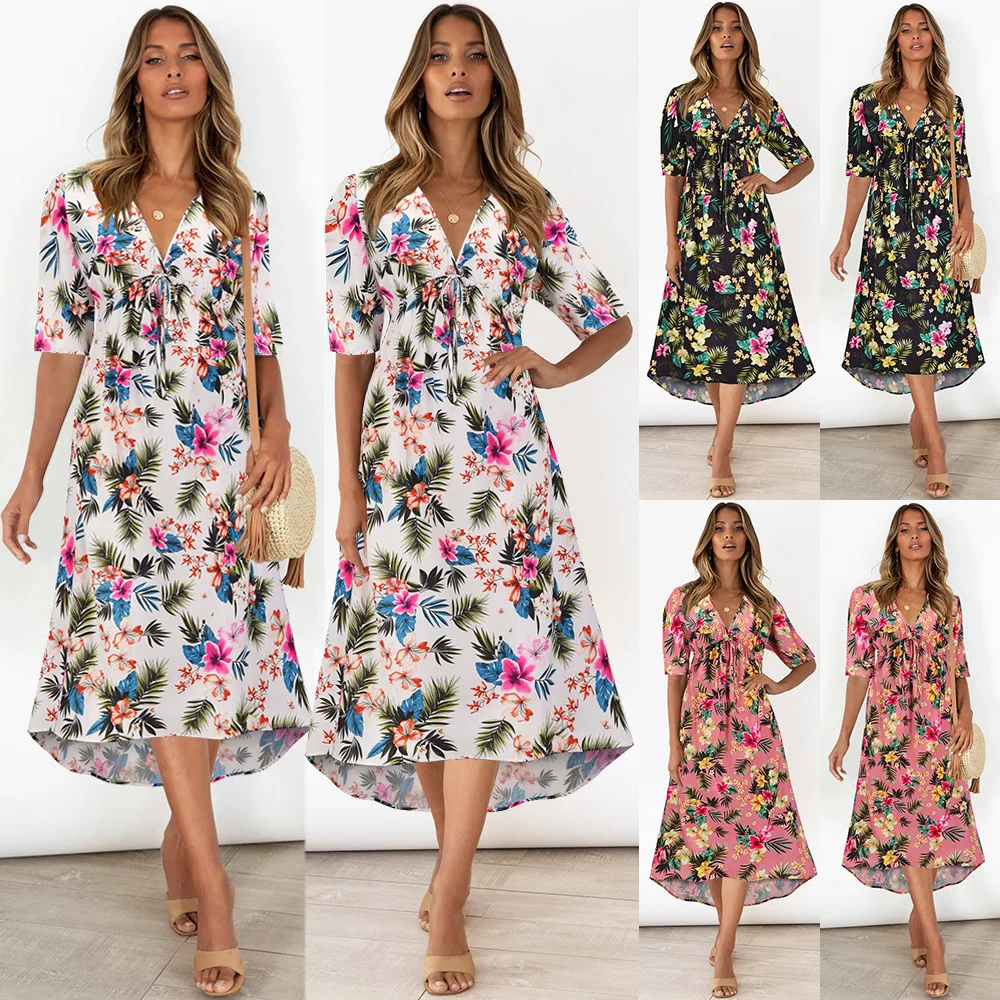 

2021 Summer woman's clothing V-neck Irregular Printed Bohemian Style Long Dress Beach Dress Vacation Dress S-XXL