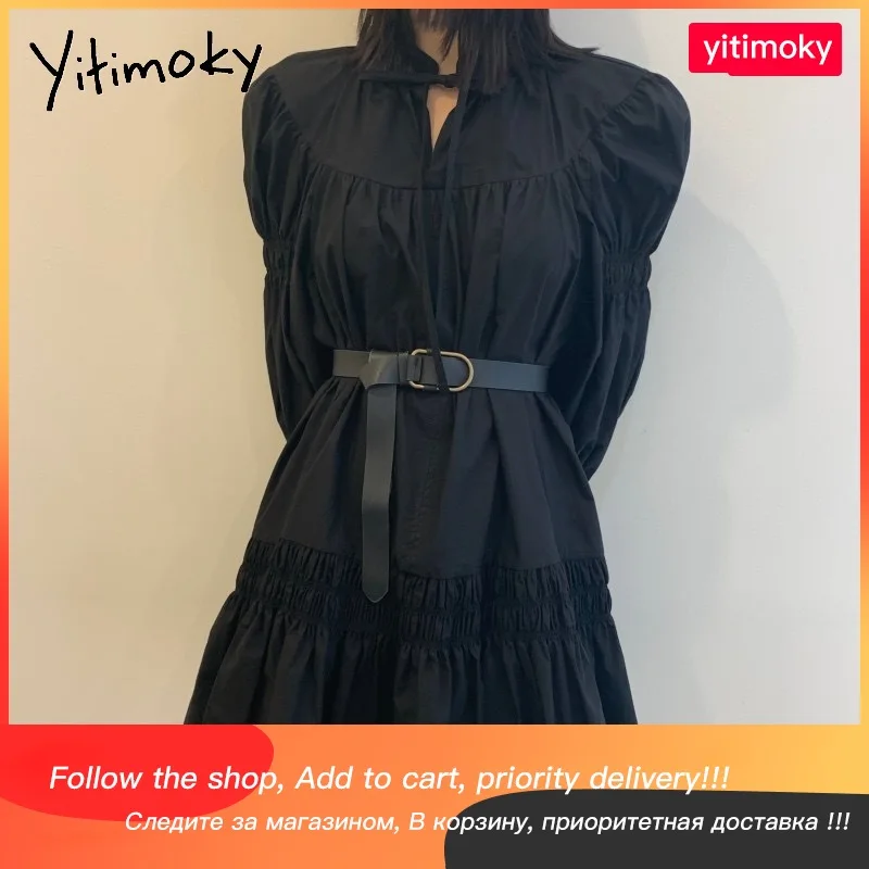 

Черное платье Yitimoky для женщин с бантом на шее короткие модные платья в Корейском стиле с длинным рукавом Повседневное платье со складками с ...