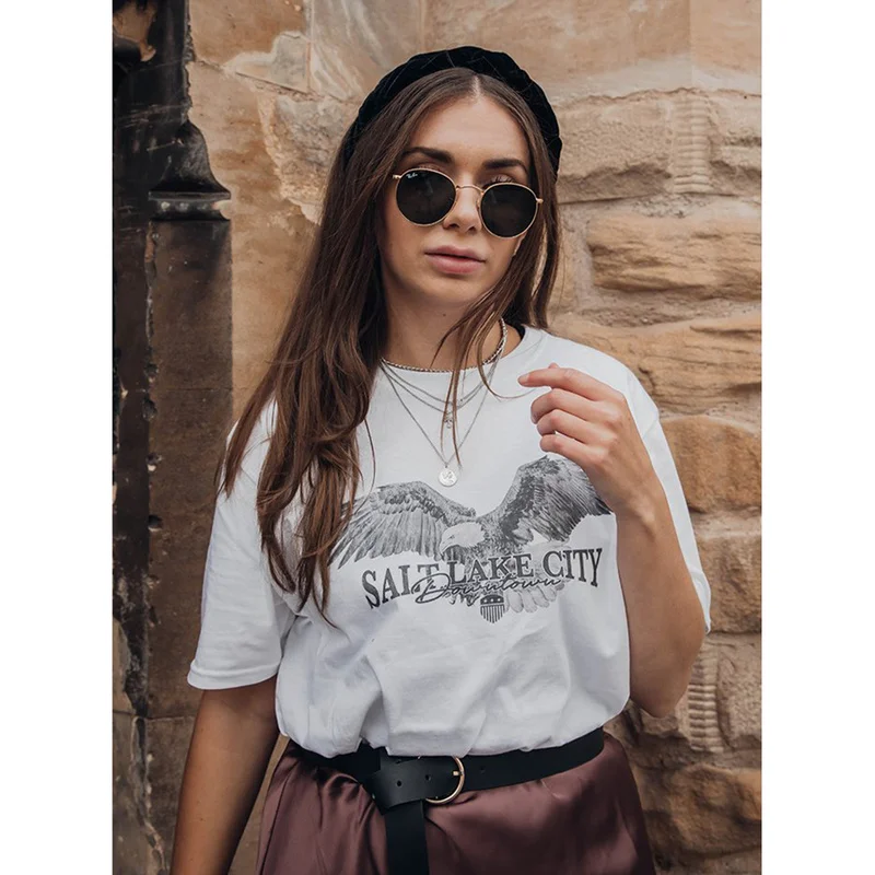 

Vintage Eagle Letter Print Tshirt Women Casual Short Sleeve France Design 2021 Summer Plus Size Fashion T Shirts 100%Cotton Tops