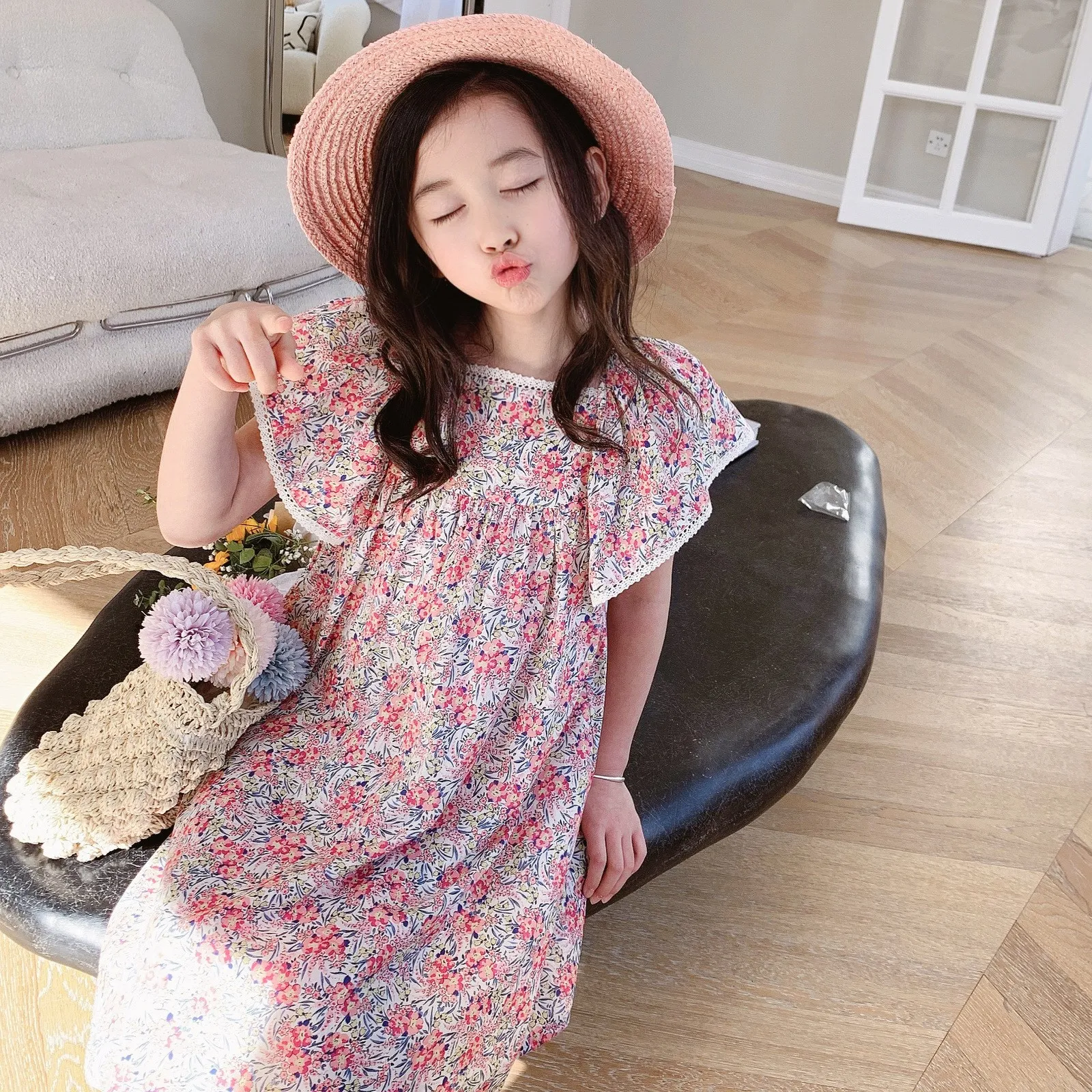 

2021 kids dress floral pattern 100% cotton summer girls dresses sweet baby girls clothes