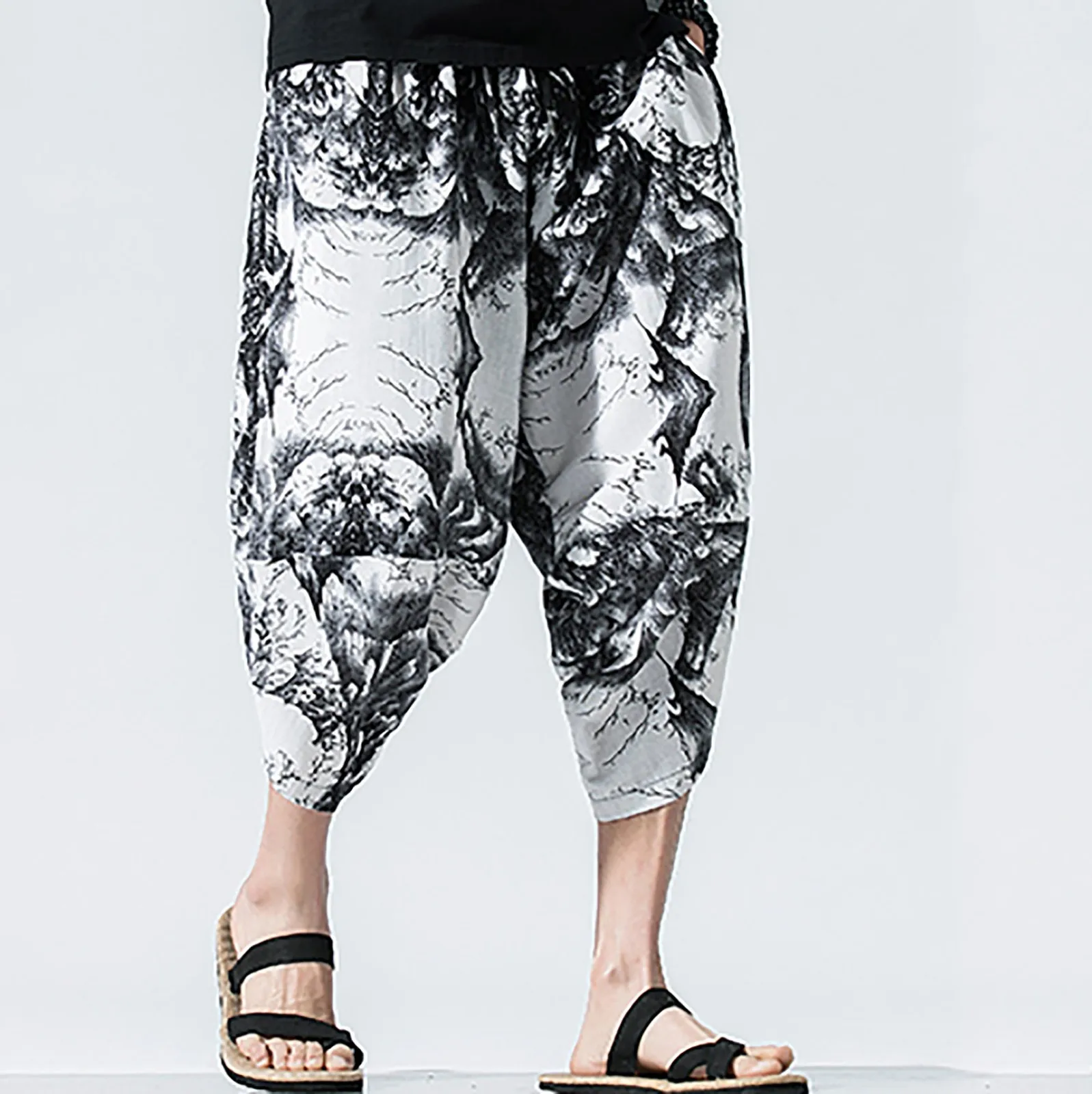 

Men's Cotton-Linen Loose Casual Lightweight Elastic Waist Pants Home Pants Calf-Length Pants daily wearing Male Spring Summer