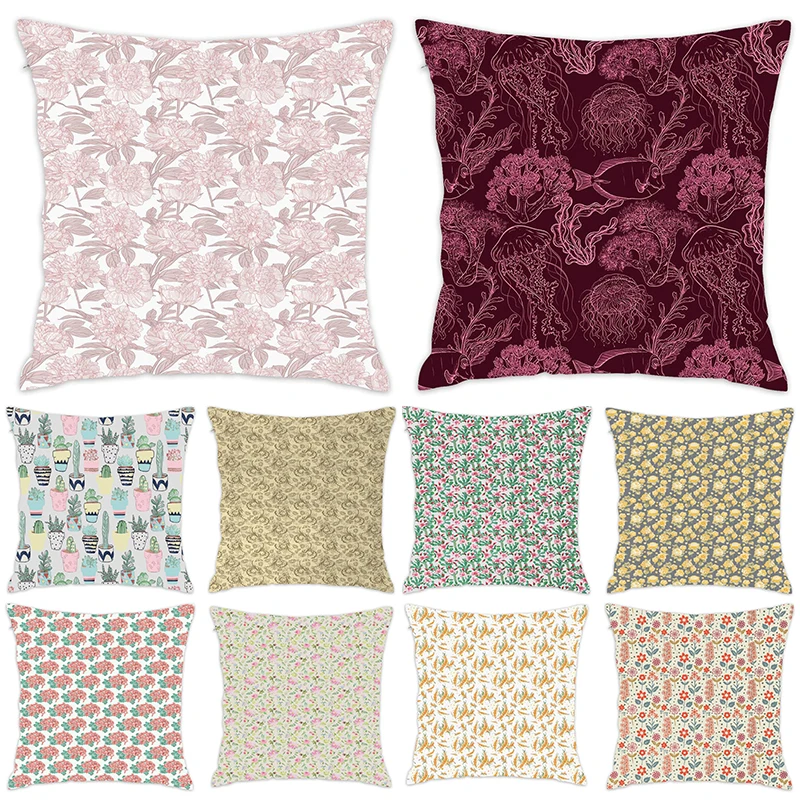 

[Douladou]Floral Soft Toned Flowering Cushion Cover Pillow Case Polyester Decorative Pillowcase Square Throw Pillow Case 45x45CM