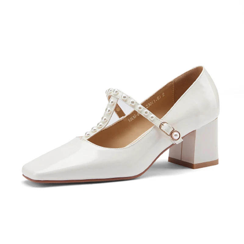 

2021 High Heel Patent Summer Female Pumps Platform String Bead Round Toe Mary Janes Ankle Strap Women Shoes Size 34-40