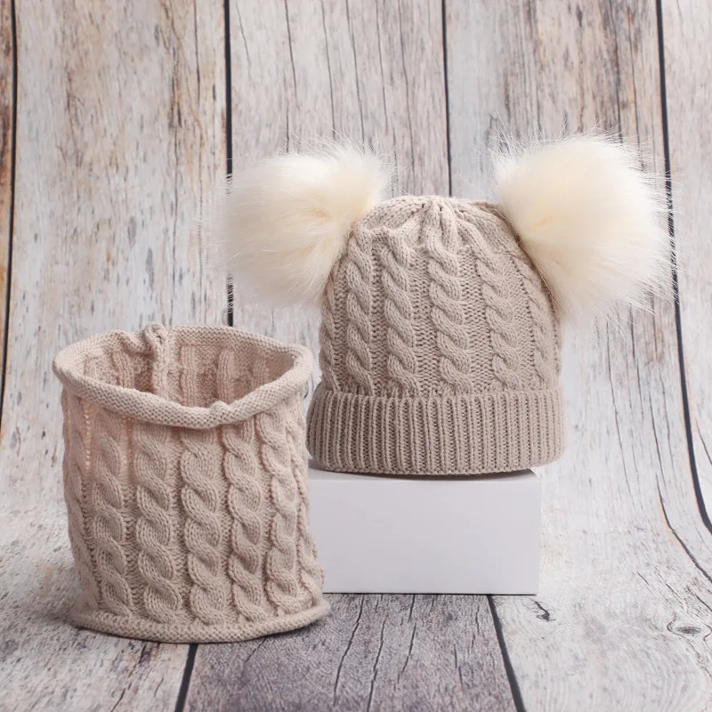 

Winter children's warm hat and scarf set outdoor double ball comfortable knitted solid color thickened baby hat