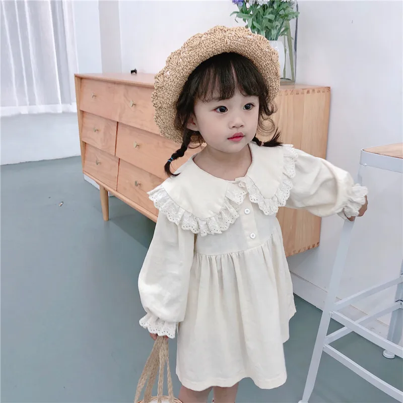 Spring Autumn 2020 cute baby girls lace turn-down collar princess dresses pure cotton soft 2 colors casual dress for kids