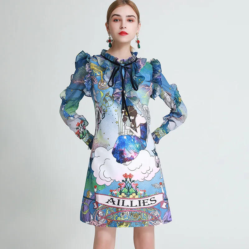 

2020 AUTUMN TIE-NECK PRINT RUFFLE LONG SLEEVE DRESS