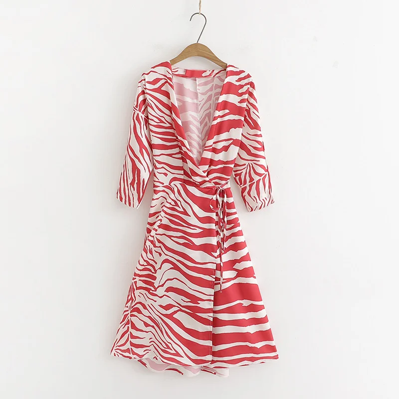 

Женское платье с v-образным вырезом SHZQ, платье с запахом и принтом зебры, Повседневное платье до колена с поясом-бантом и рукавом