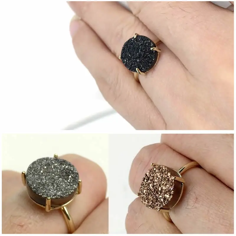 Charm Circular Natural Agat Titanium Druzy Band Ring Electroplated Gold-color Paved Zircon Quartz Stone For Women Festival Gift