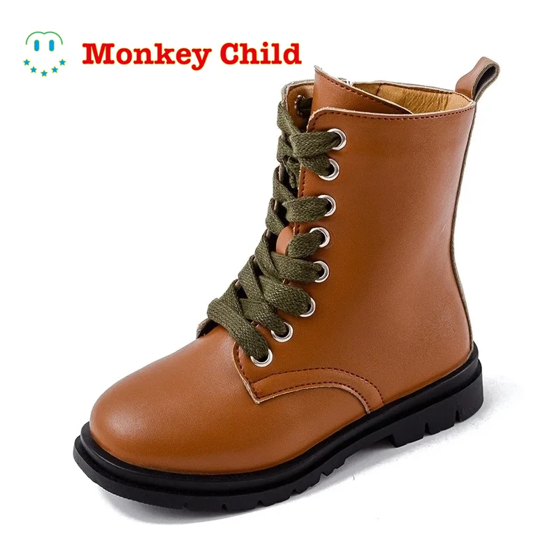 2022 Martin Boots for Children's Winter Girls Black Brown Boot Kids Non-slip Leather Shoes Students Warm Rubber Boys 26-36