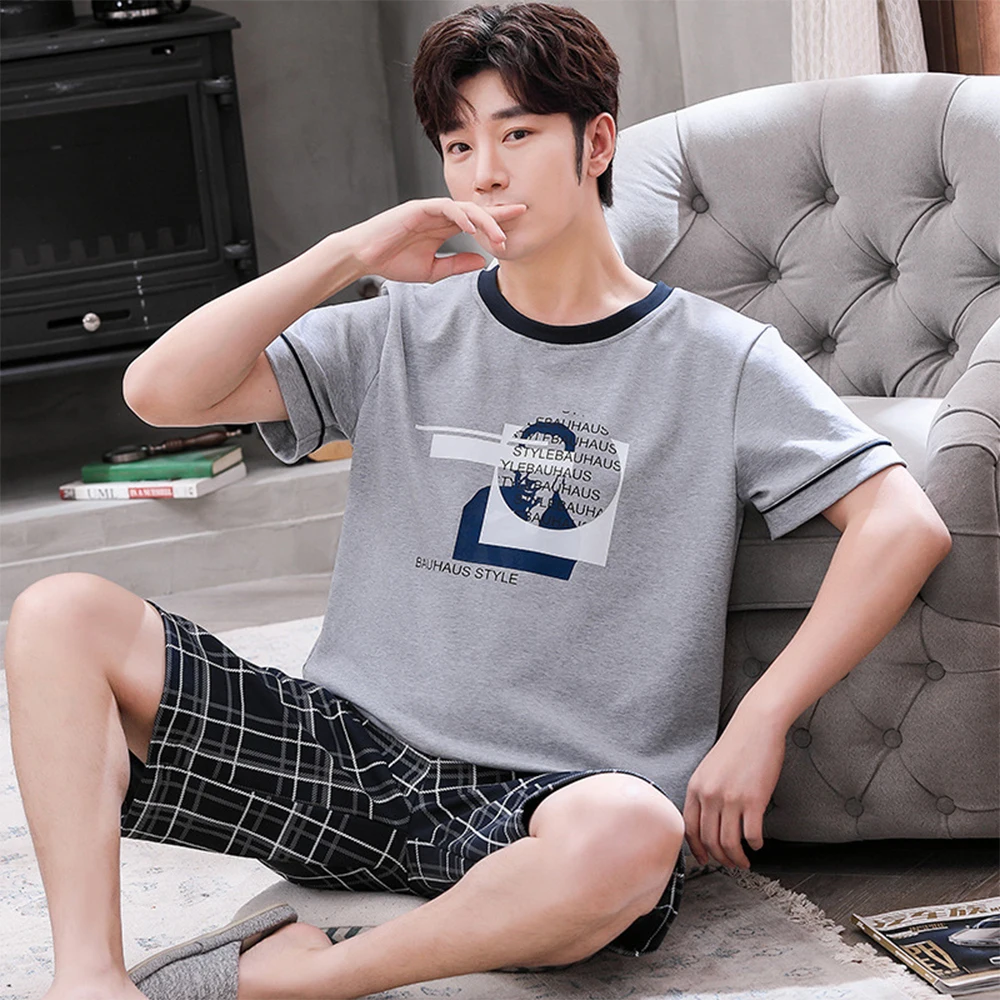 

Летняя одежда для сна, хлопковые Пижамные комплекты, Модный повседневный топ с коротким рукавом и буквенным принтом, пижама, шорты в полоску...