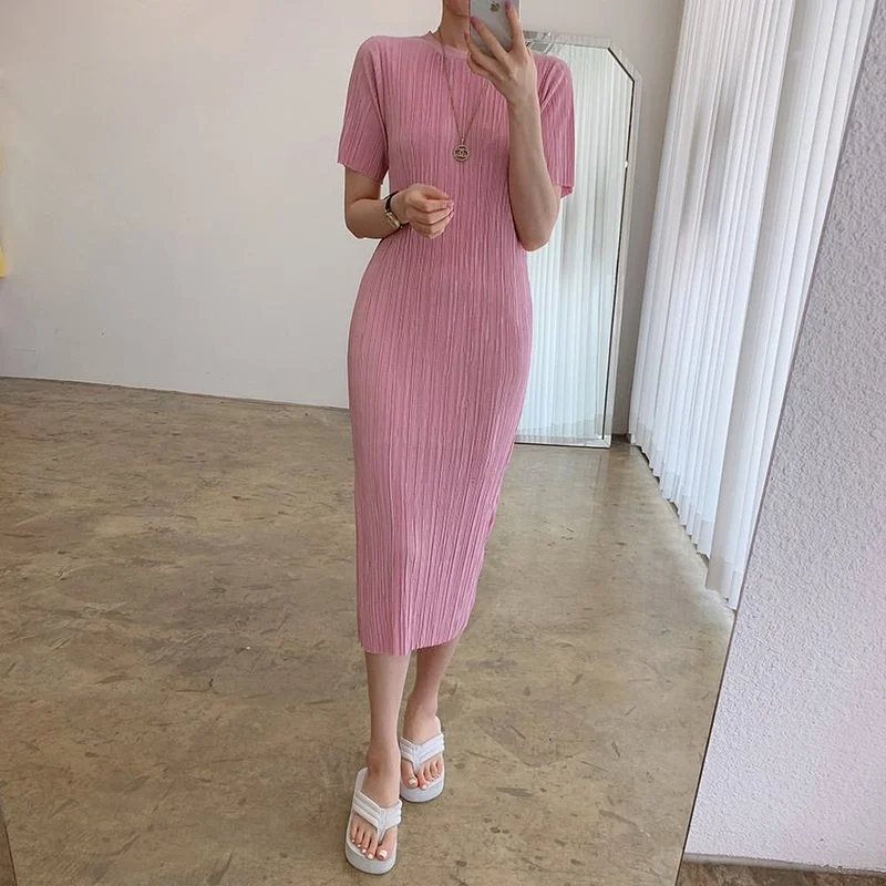 

ZAWAHIKI Korean Chic Elegant Dress Women Summer O Neck Short Sleeve Sexy Slim Bodycon Solid Vestidos Inside Mid-calf Femme Robe