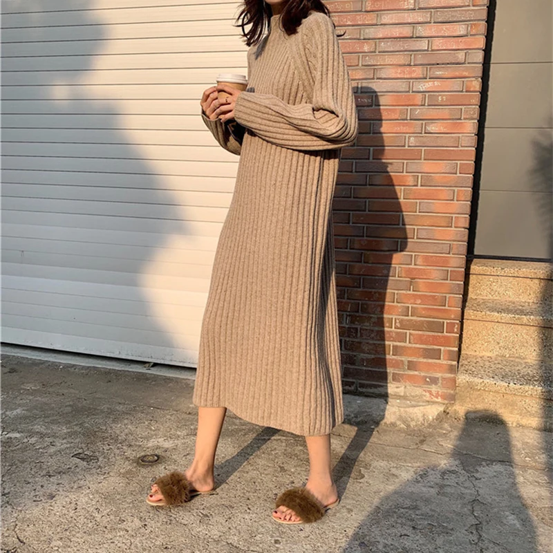 Зимнее прямое длинное платье-свитер женское вязаное осеннее платье-пуловер с