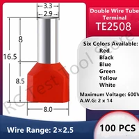 100pcs te2508 double pipe 0 56 0%c2%b2 cold pressed end double wire tube shaped insulated tubular terminal