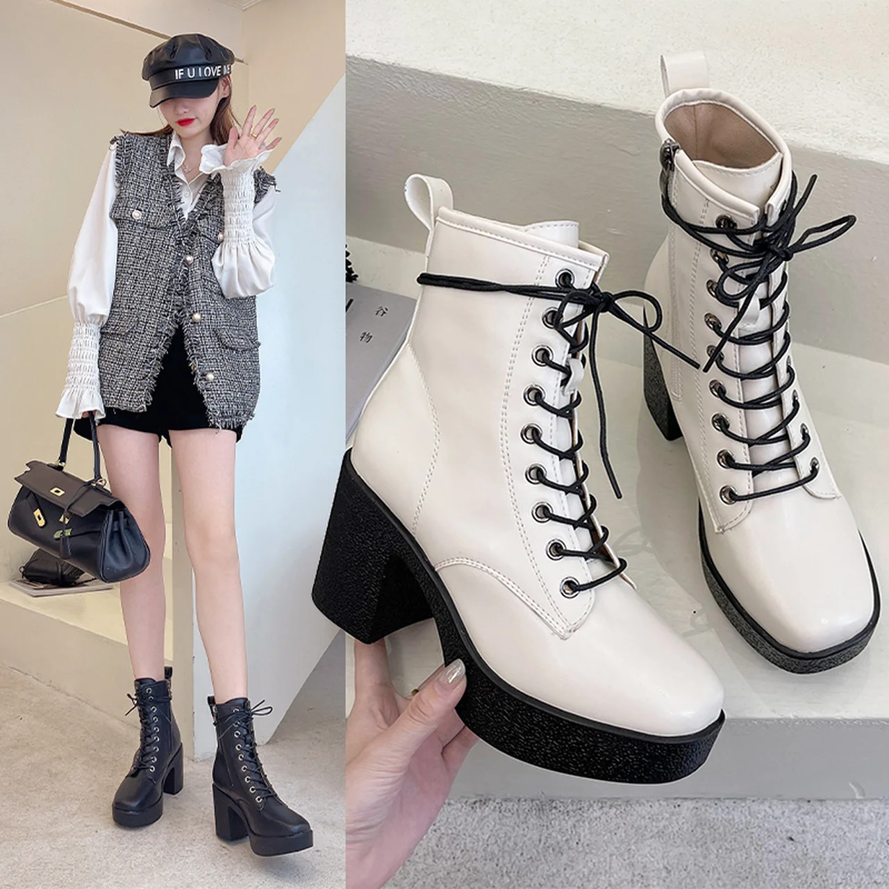 

Белые женские Ботинки Martin в британском стиле, сезон весна-осень 2021, высокие модные ботинки на Высоком толстом каблуке с круглым носком и шну...