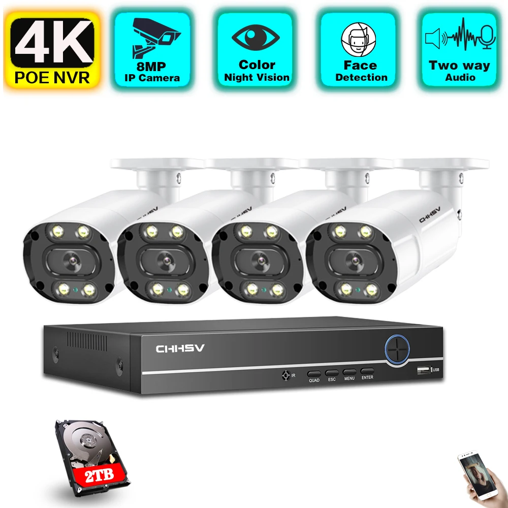 

Комплект видеорегистратора 4K, 4-канальная IP-камера с двухсторонним звуком и функцией ночного видения, наружная система видеонаблюдения
