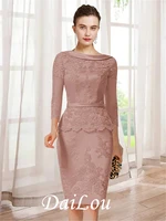 sheath column mother of the bride dress elegant jewel neck knee length lace charmeuse 34 length sleeve with appliques 2021