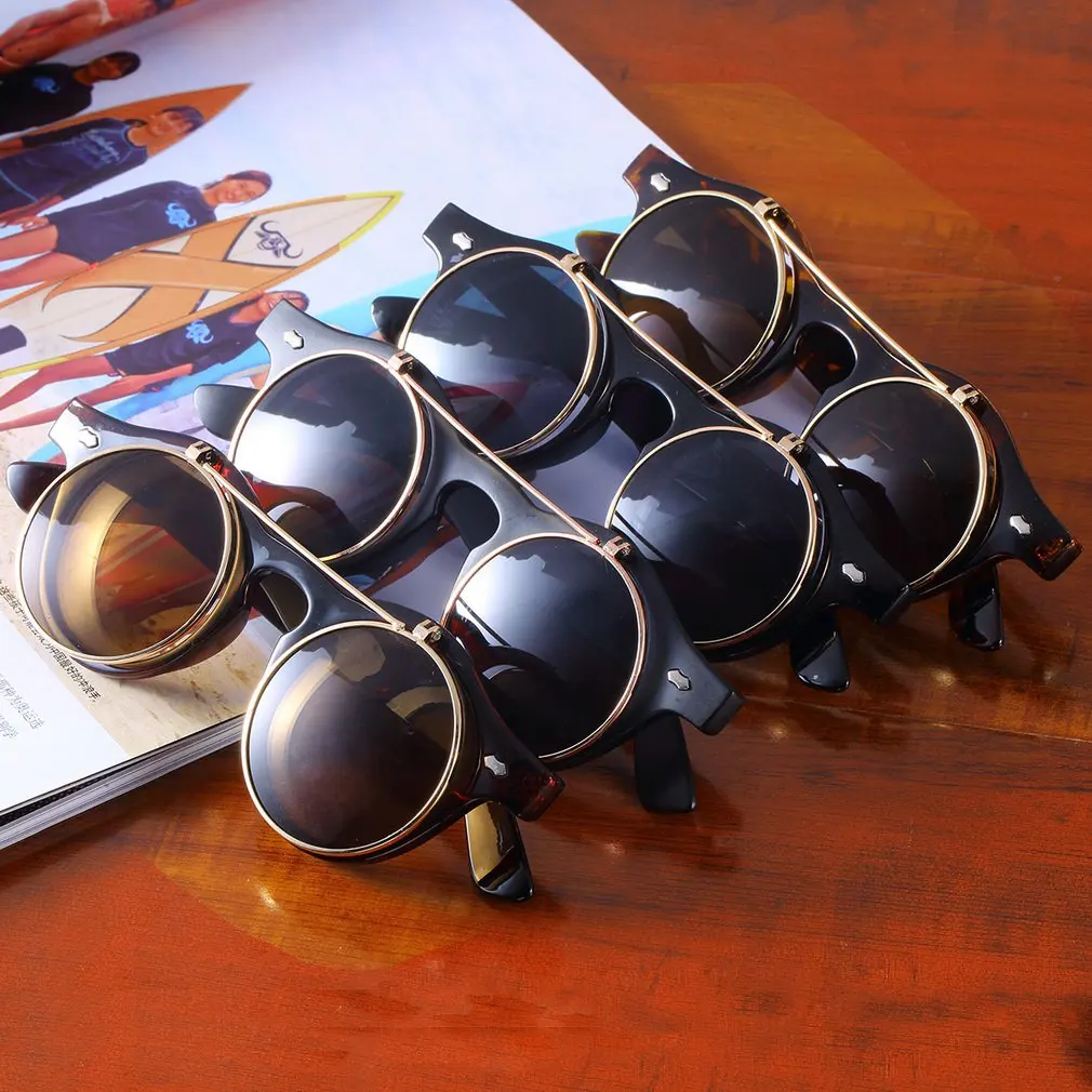 

Punk Style Round Shape Clamshell Sunglasses Resin Lens Fashion Design Round Flip Up Goggles Classic Retro Men Women Goth Glasses