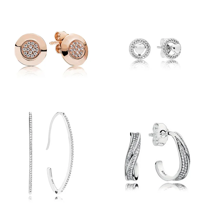 

925 Sterling Silver Earring 4 Style 1 Pair Women Classic Charm Heart Crystal Diy Earrings for Women Wedding Party Jewelry