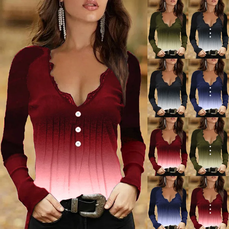 

Donsignet 2021 Autumn Winter New Gradient Lace V-Neck Long Sleeve Top Tshirt Women Shirts for Women