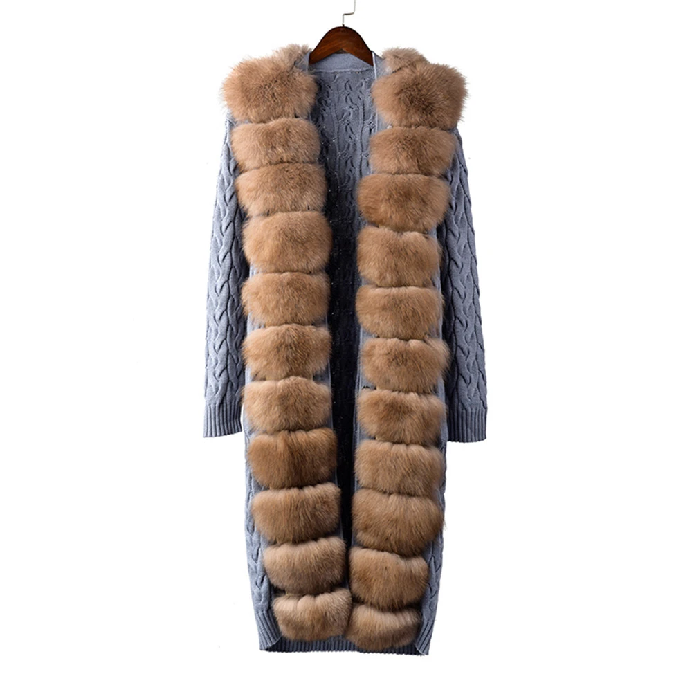 YC031-1 Tatiana Furclub Модное темно-серое трикотажное пальто с поясом зимнее пальто из натурального меха женское тонкое вязаное с лисьим меховым воротником длинное пальто - Цвет: YC031-1