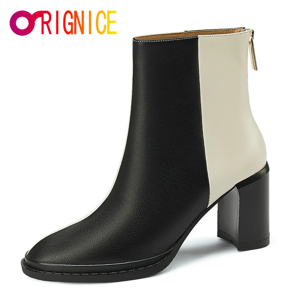 

Женские ботильоны из натуральной кожи Orignice, черные, персиковые ботинки на низкой платформе и толстом каблуке, с круглым носком, обувь на мол...