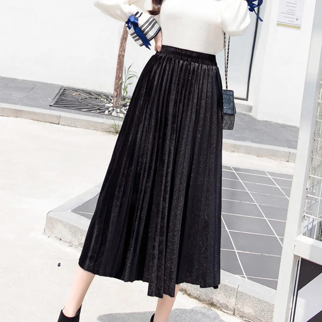 

Fashion Women Skirts High Waist A-Line Autumn Winter Ladies Casual Solid Long Fit Mid-Calf Skirts S-XL jupe pliss femme 50*