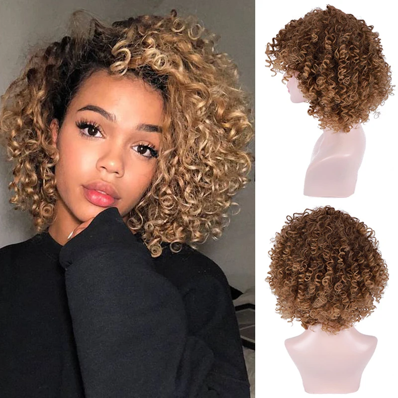 MUMUPI Fashion 12 Inch Synthetic hair wig Brown Hair Afro Kinky Curly Pre Plucked Wig with Bangs for Black Women