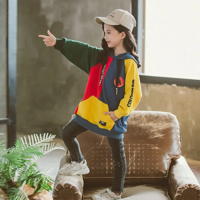 2019 осенний свитер для девочек хлопковый топ с капюшоном + джинсовые штаны