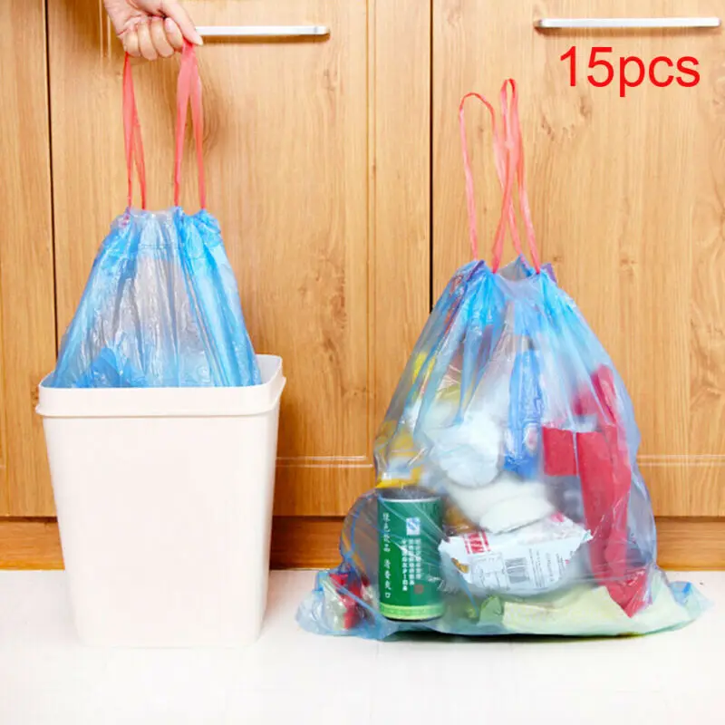 15pcs/roll Kitchen Garbage Bags with Drawstring 60L Bin Handle Bathroom Trash Bag |
