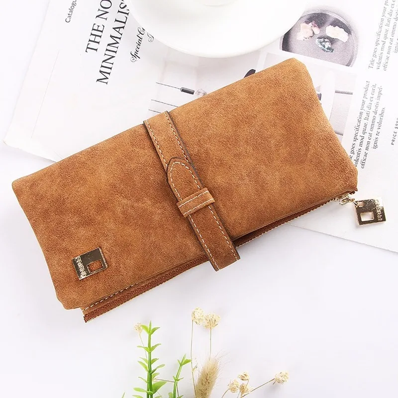 

Famous Brand Long Purse Two Fold Women Wallets Drawstring Nubuck Leather Zipper Suede Wallet Ladies carteira Feminina Clutch Bag