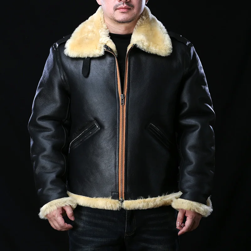 

European 0969 Avfly Size High Quality Super Warm Genuine Sheep Leather Coat Mens Big B3 Shearling Bomber Military Fur Jacket