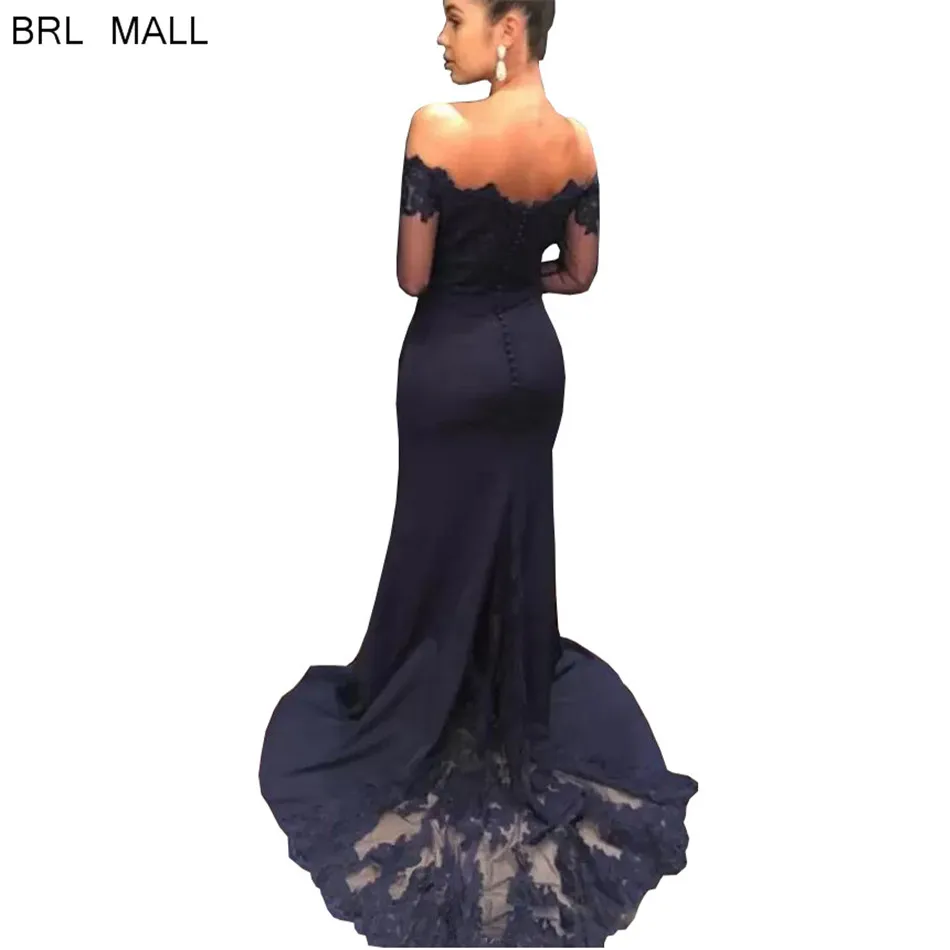 

2020 Navy Blue Mermaid Evening Dresses For Women Off Shoulder Long Sleeves Prom Dress Cheap Long Formal Gowns Party Bridesmaid