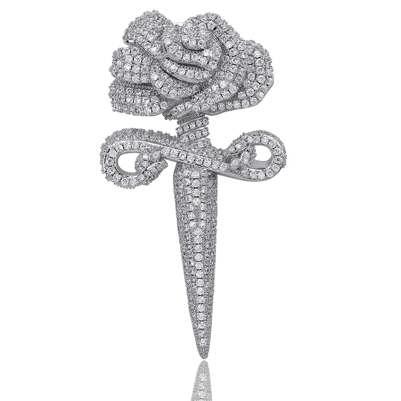 AAA+ кубический цирконий вымощенные Bling Ice Out розы бутон подвески-кинжалы ожерелья для мужчин и женщин хип-хоп рэппер ювелирные изделия