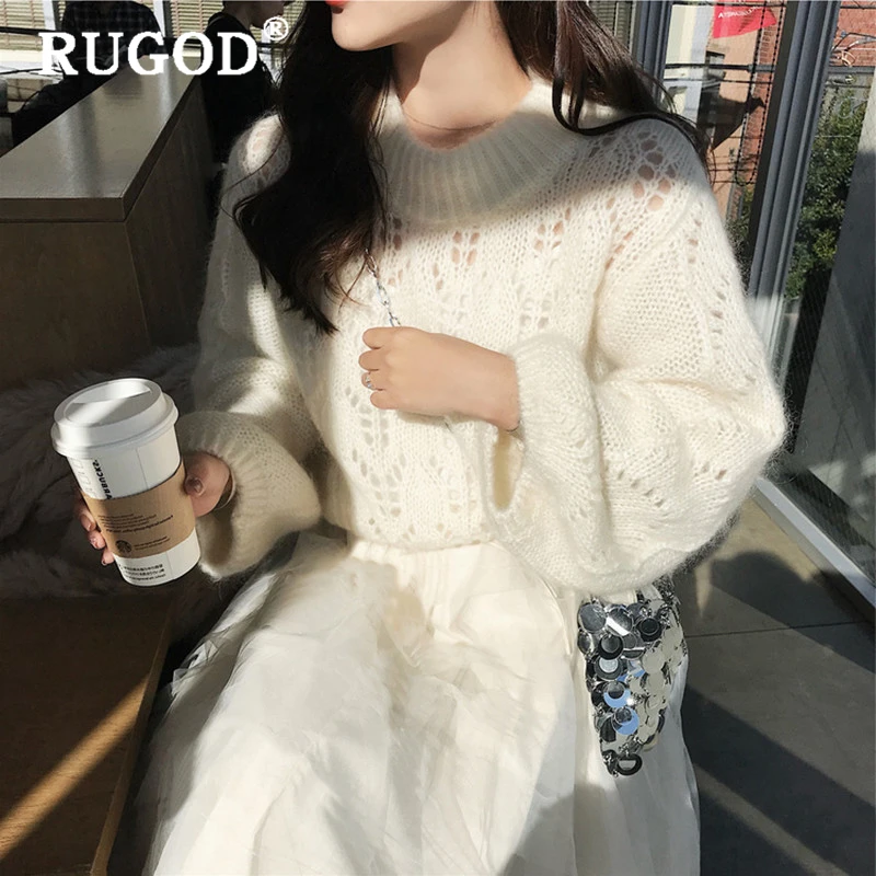 RUGOD Elegant women sweater Korean ins solid round neck hollow out white knitted pullovers female 2019 Casual winter clothes | Женская