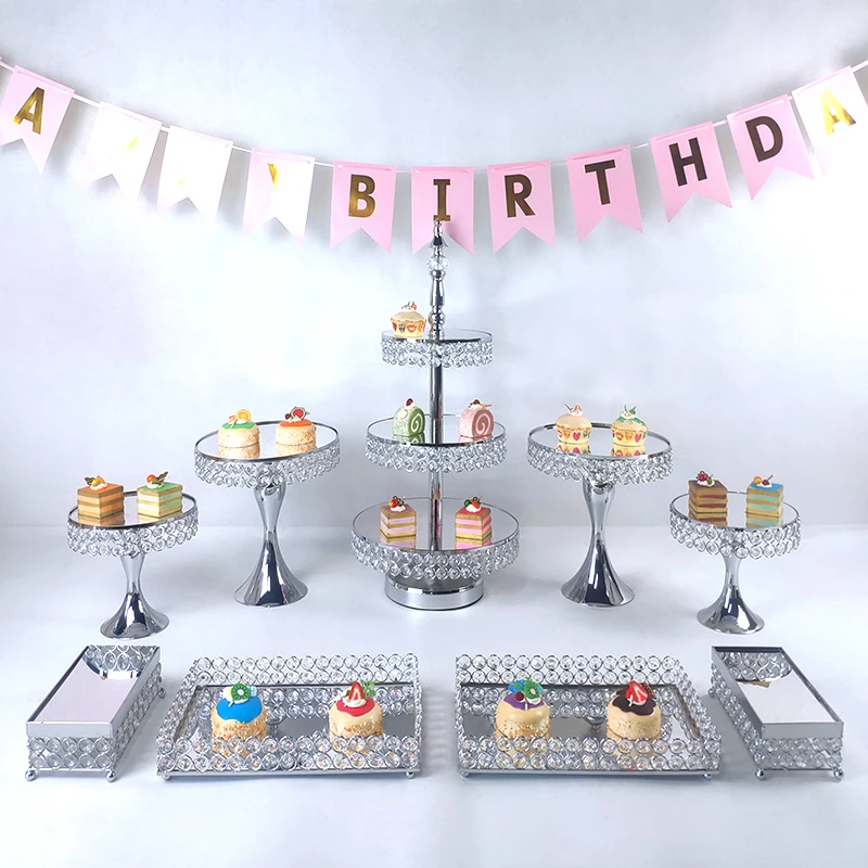 

Gold3- 13PCS Beautiful Tray 3 tier Cupcake Dessert Display Decoration Tools Wedding Crystal Mirror Cake Stand set