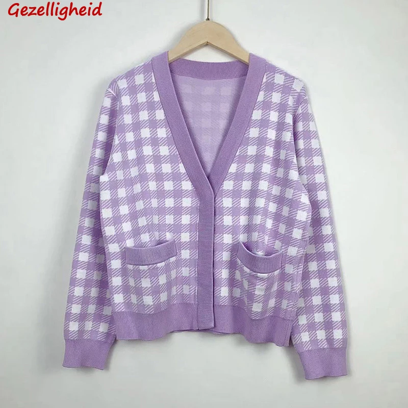 

Gezelligheid 2021 Spring Summer Runway Fashion Elegant Casual Houndstooth V-Neck Loose Knitted Slim Cardigan Jacket Sweater Tops