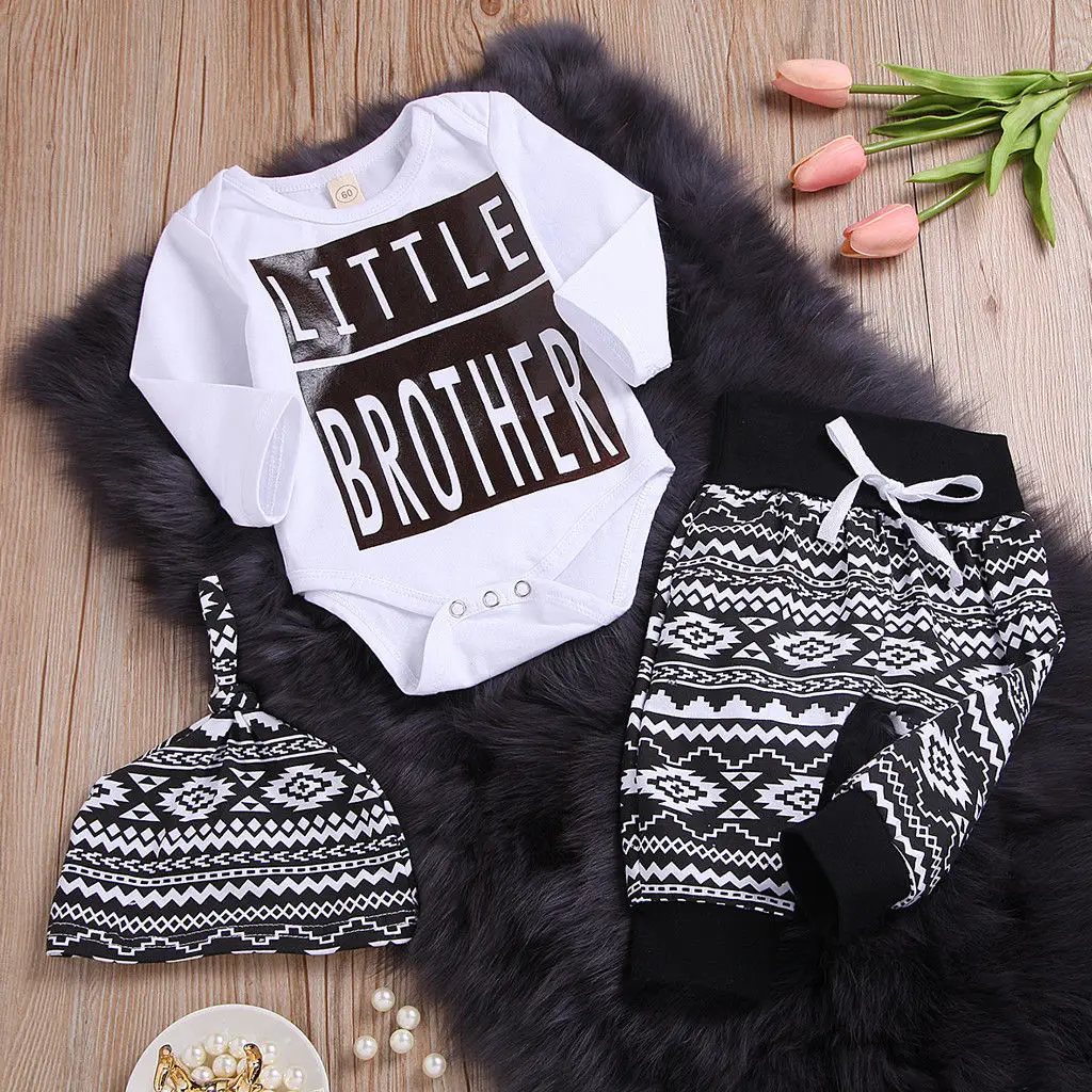 

Newborn Baby Boys 3 Pieces Outfit, Letter Print Long Sleeve Romper Bodysuit + Geometry Print Long Pants + Hat Set