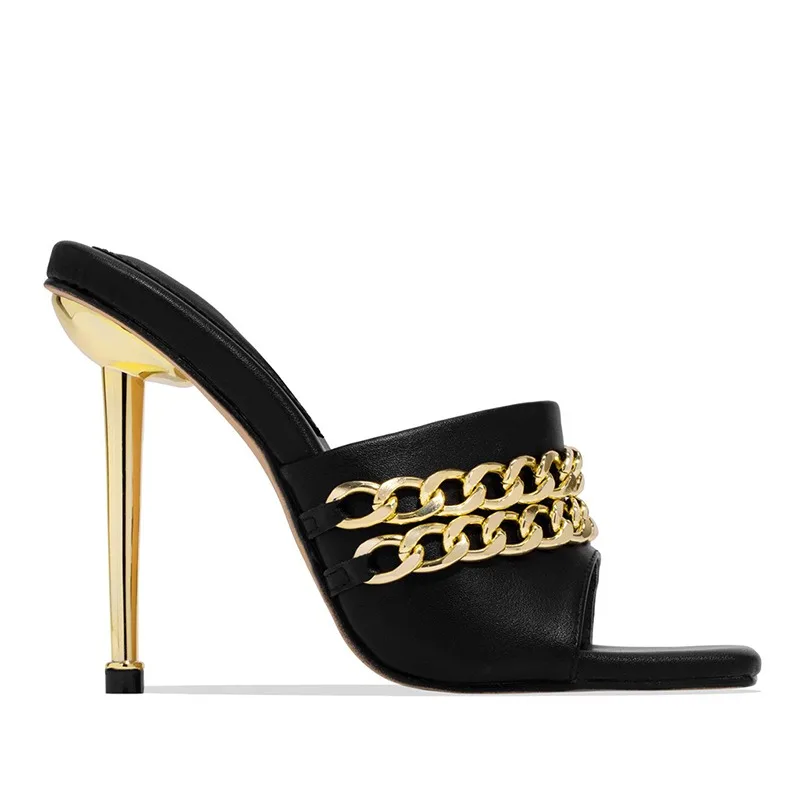 

2021 Summer Fashion Women's Chain Sandals Lady High Heel Mules Beach Sandal Female Flat Peep Toe Shoe