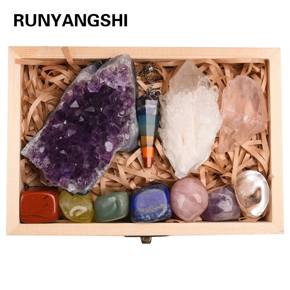 

11pc Natural Amethyst Cluster Quartz Crystal Mineral Specimen Healing Stones Rough Ore Seven chakras therapy stone wooden gift