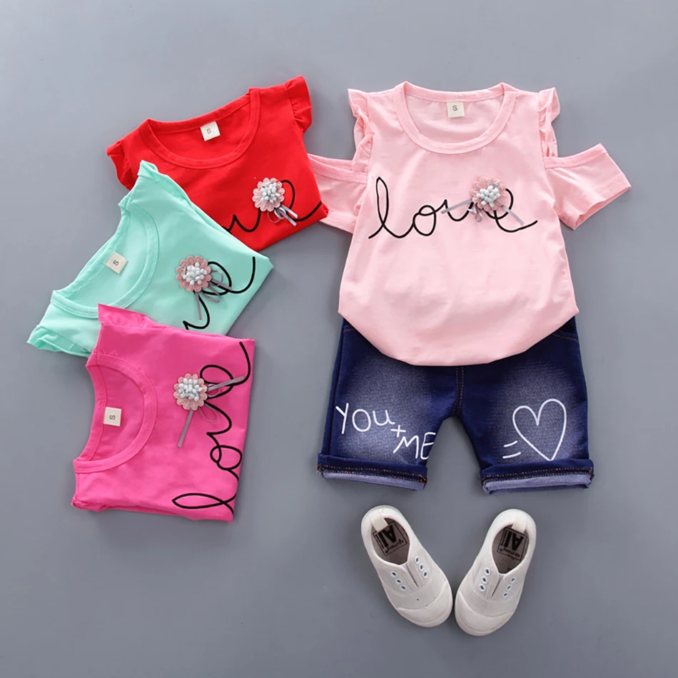 

2022 Kids Clothes New Summer Girls Casual Suits Shirt Top Jeans Pants 2Pcs Fashion Kids Outfits Girl Clothing Set 12M-4T