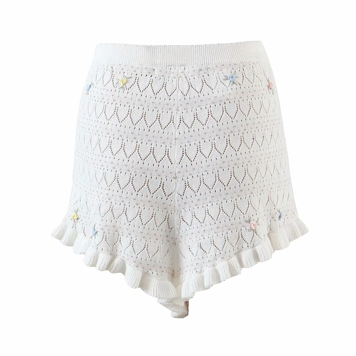 

Women's Knitting Suit Sexy Style Floral Sleeveless Backless Camisole Hollow Out Appliques Single Breasted Elastic Waist Shorts