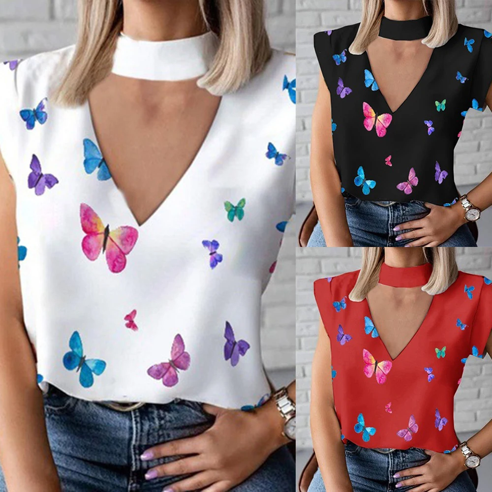 

Butterfly Printed Women Shirt Blouse Casual Sleeveless Shirt Summer Elegant O Neck Pullovers halter neck tops Blusa Streetwear