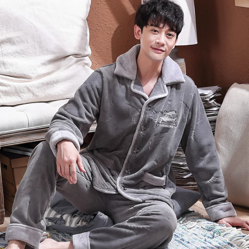 Фланелевые пижамные комплекты для мужчин размера плюс зимние толстые теплые