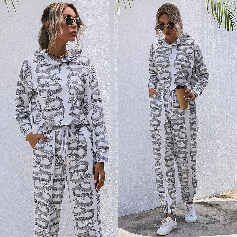 

Sportswear two-piece suit 2021 new women's stitching hooded sweater sports suit casual Chinese style printed hooded sweater suit