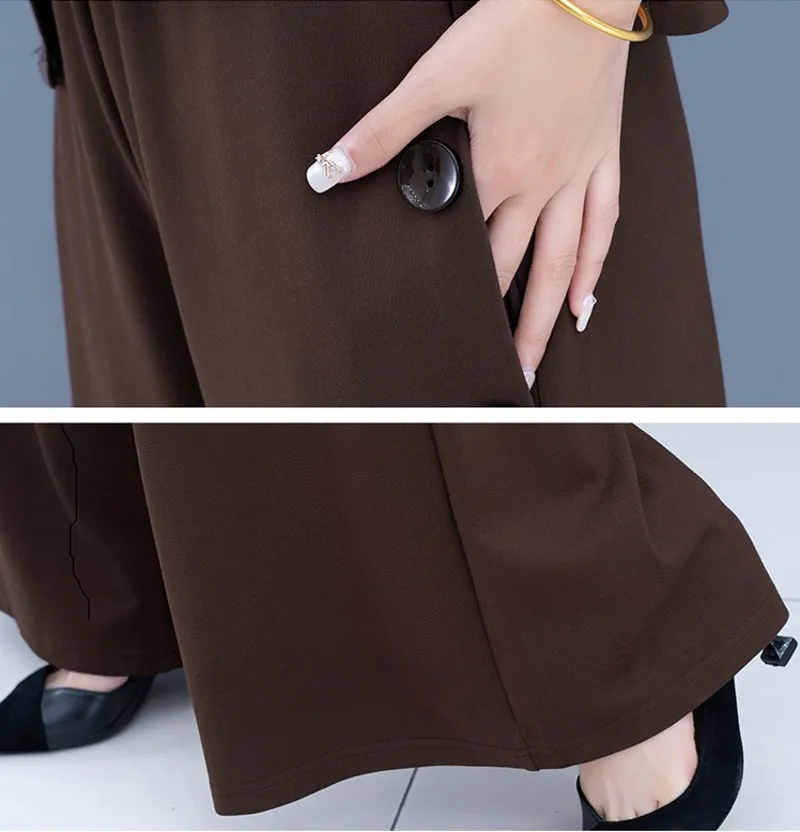 

2021 spring Women Two Piece Sets O Neck office lady solid elegant Tops blouse+ wide leg pants sets