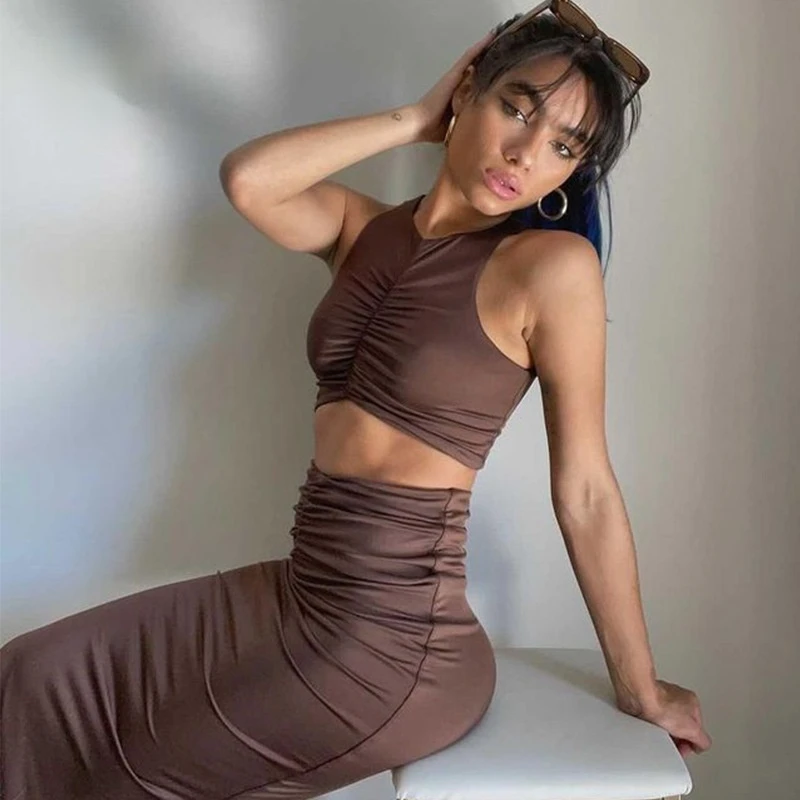 

Sleeveless HIgh Waist Summer Two Pieces Set Solid Ruched Crop Top And Long Skirt Sexy Women Set 2021New Slim Tracksuit