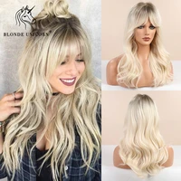 blonde unicorn long wavy synthetic hair wigs brown root ombre platinum women natural wig hair with bangs heat resistant fiber