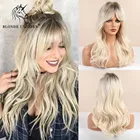 Длинные волнистые синтетические волосы блонд Единорог парики коричневые корни Омбре Платиновый женский натуральный парик с челкой термостойкие волосы