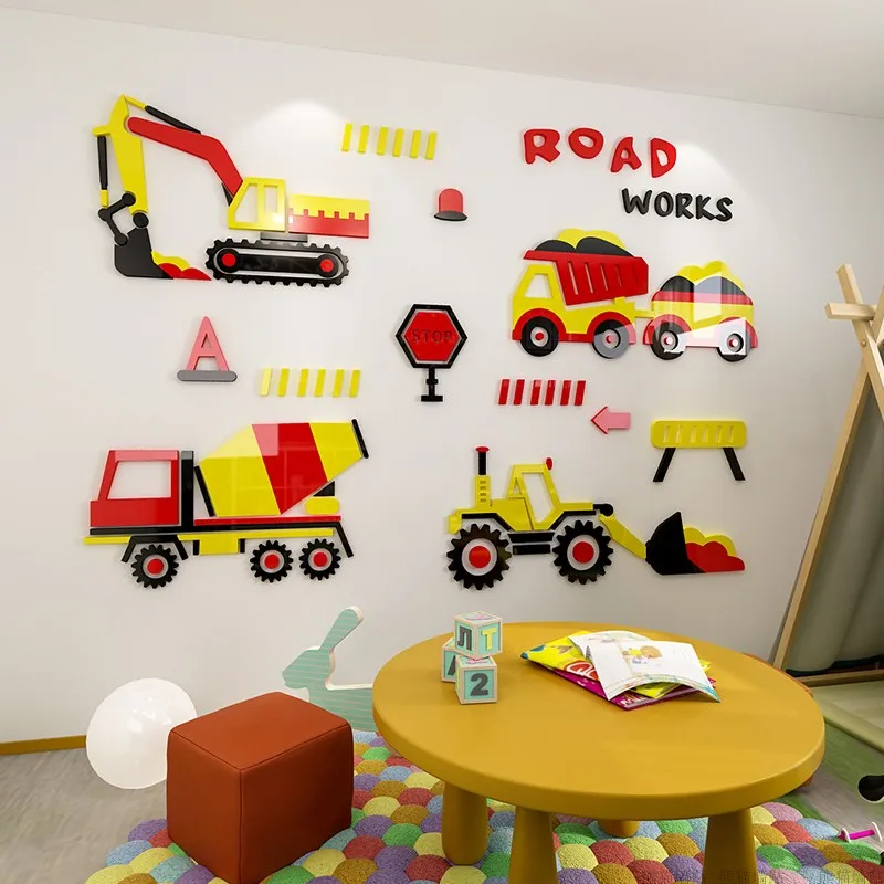 3D мультяшный автомобиль WS47 акриловые наклейки на стену для маленьких мальчиков