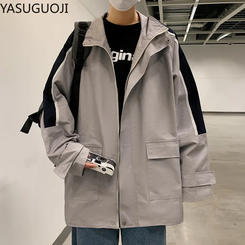 

YASUGUOJI 2021 новая весенняя корейская мода с воротником-стойкой мужские куртки повседневная свободная Мужская куртка уличная одежда карго Хлоп...